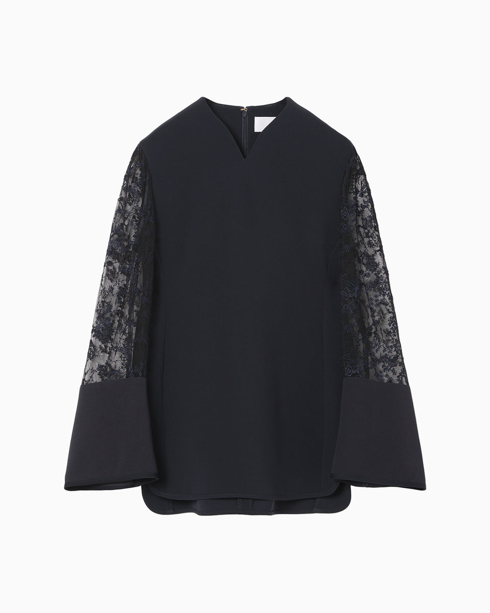 Floral Lace Stand Collar Shirt - navy - Mame Kurogouchi