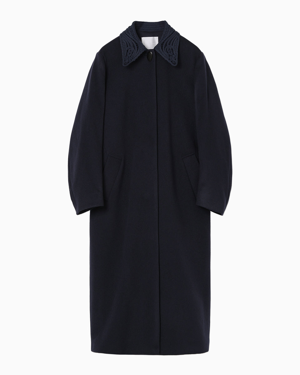 あんずWOOLSILKHERRIGBONE SHORTCOAT Wool Melton Embroidery Collar Long Coat - navy - Mame Kurogouchi