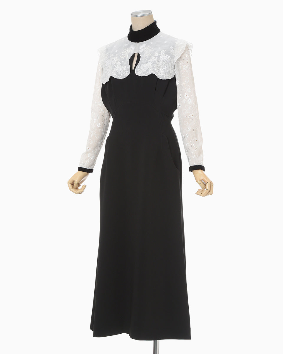 Triacetate Georgette Embroidery Collar Dress - black - Mame
