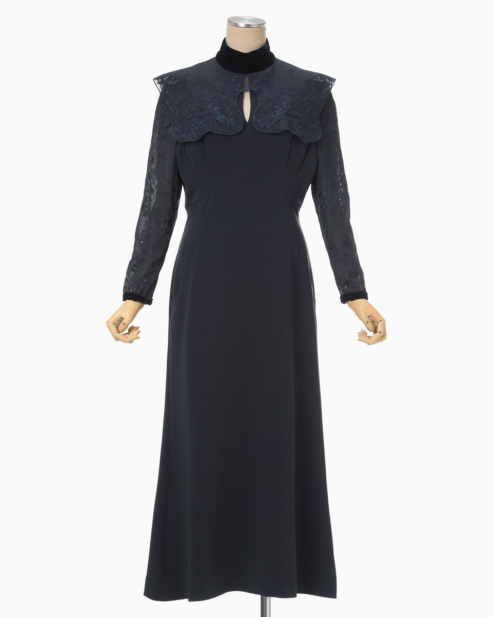 Triacetate Georgette Embroidery Collar Dress - navy - Mame Kurogouchi