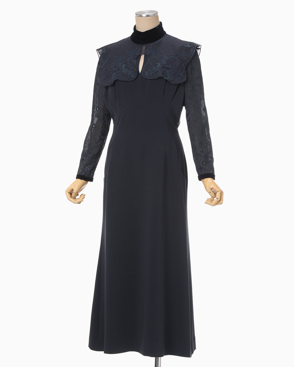 Triacetate Georgette Embroidery Collar Dress - navy - Mame Kurogouchi