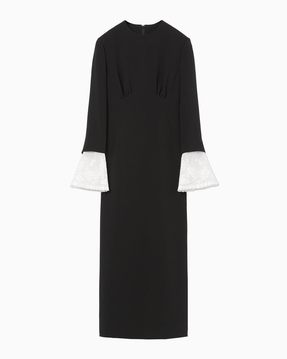 Triacetate Georgette Embroidered Cuffs I-Line Dress - black