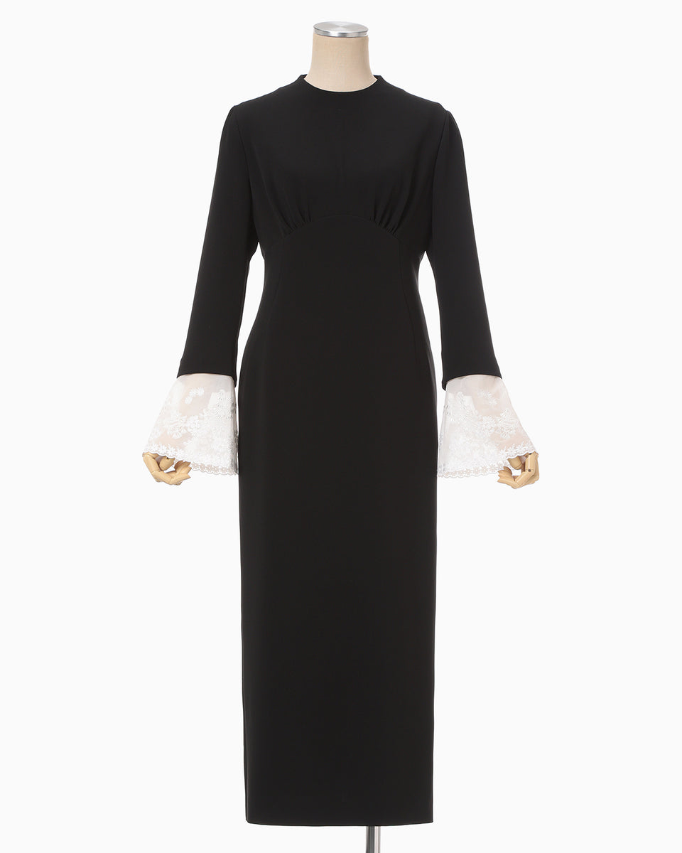 Triacetate Georgette Embroidered Cuffs I-Line Dress - black