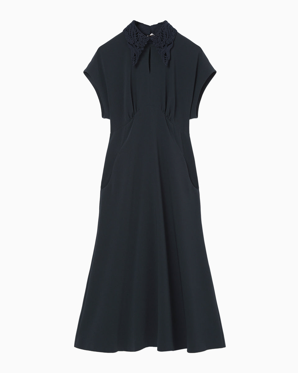 Triacetate Georgette Embroidered Collar Flared Dress - navy - Mame