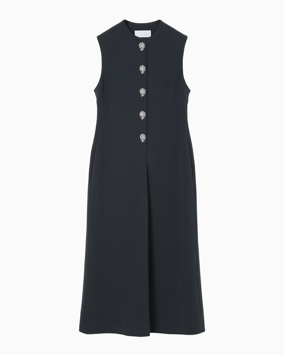 Acetate Polyester Embroidered Buttonholes Sleeveless Dress - navy