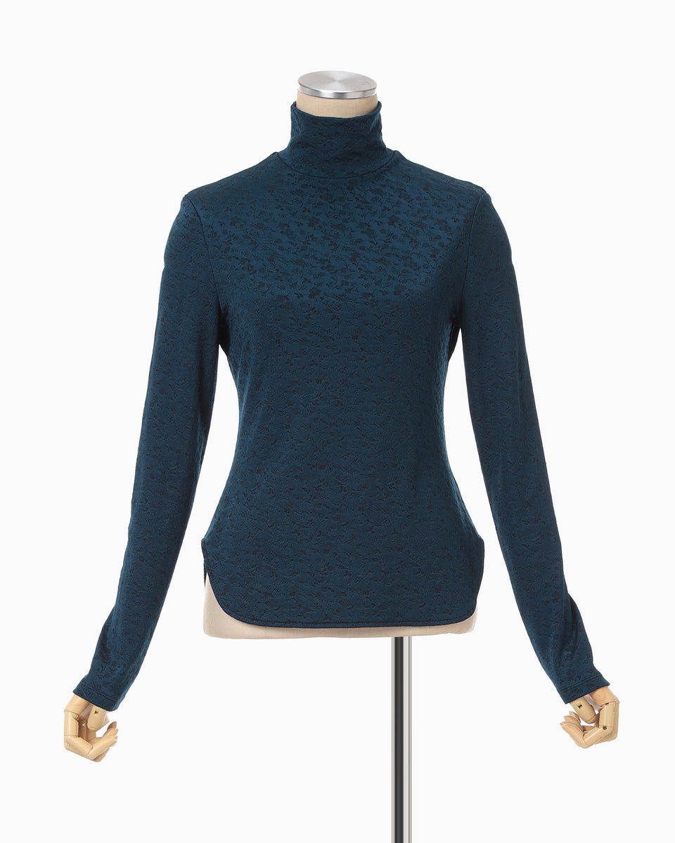 Floral Jacquard Fraise Stitch High Neck Top - navy - Mame