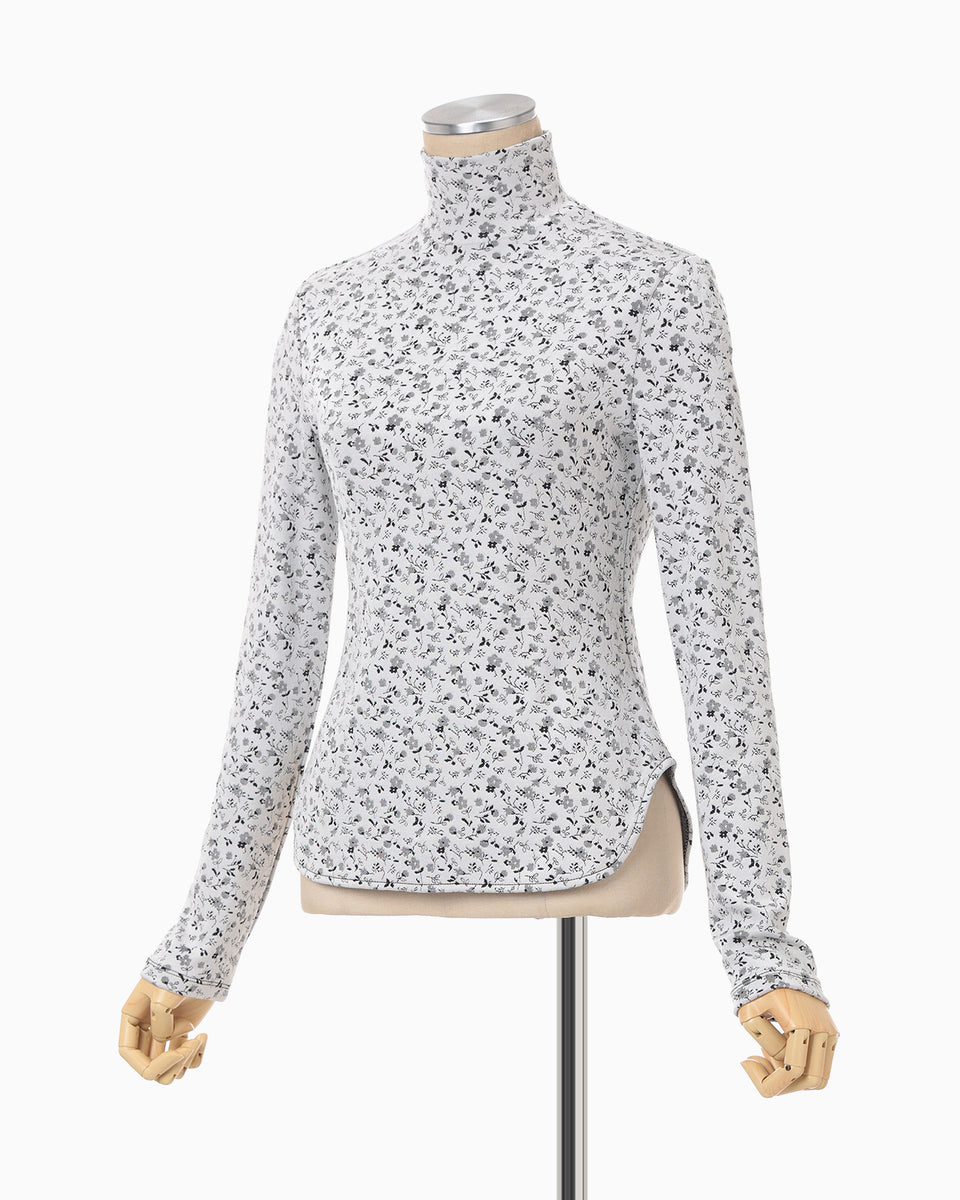 Floral Jacquard Fraise Stitch High Neck Top - white - Mame
