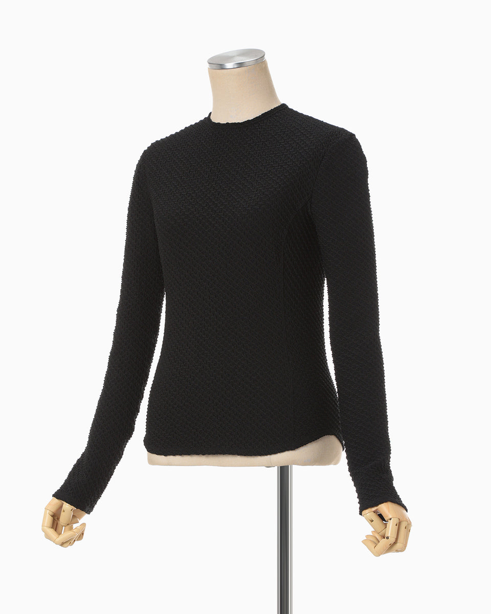 Shirring Jersey Jacquard Long Sleeve Top - black - Mame