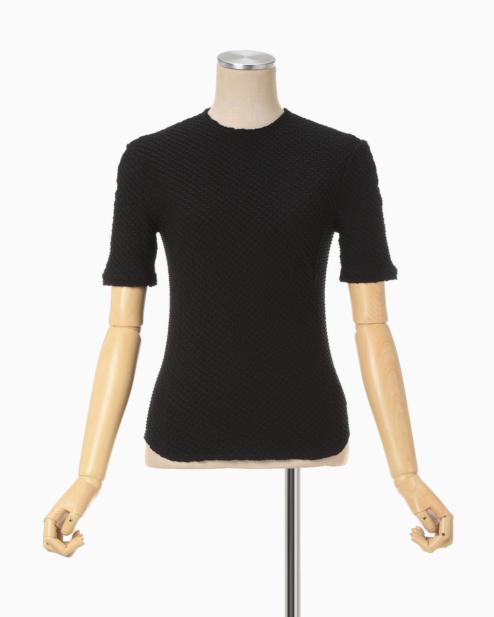 まこ Shirring Jersey Jacquard Short Sleeve Top - black - Mame