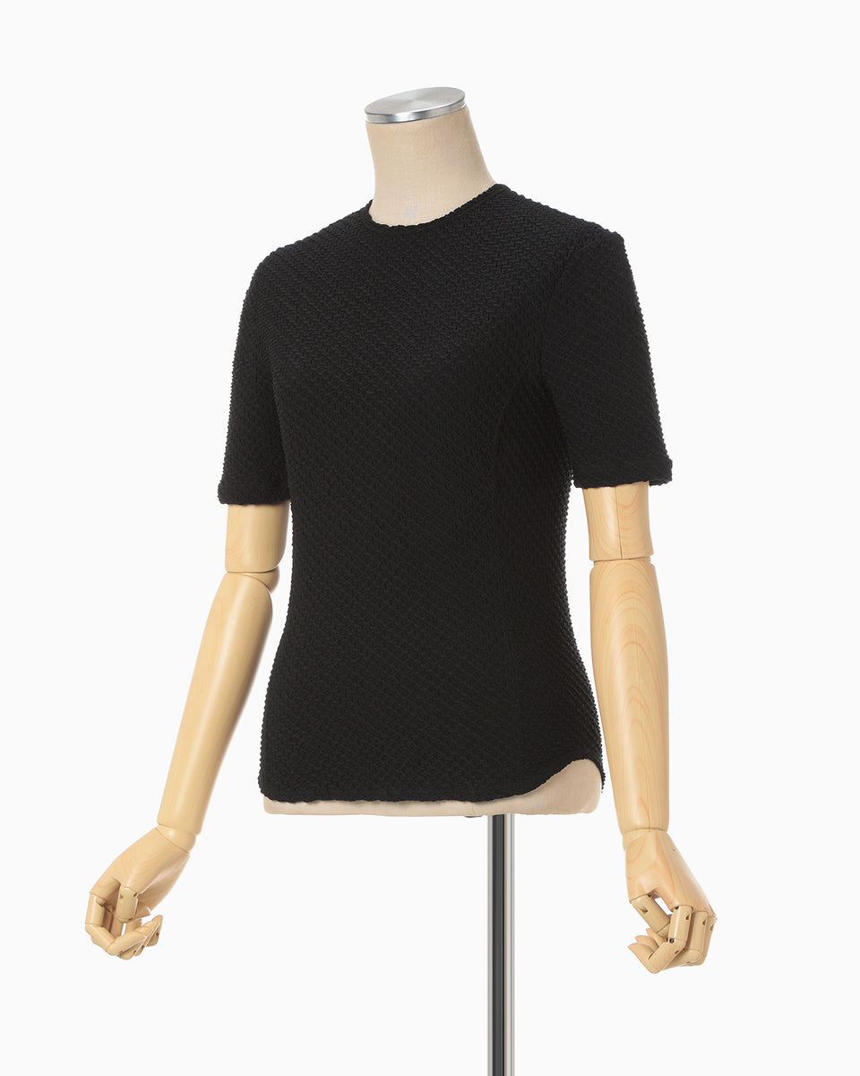 Shirring Jersey Jacquard Short Sleeve Top - black - Mame