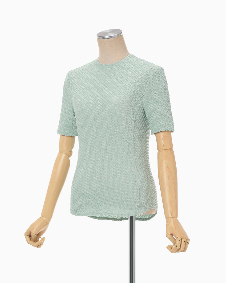 Shirring Jersey Jacquard Short Sleeve Top - light blue
