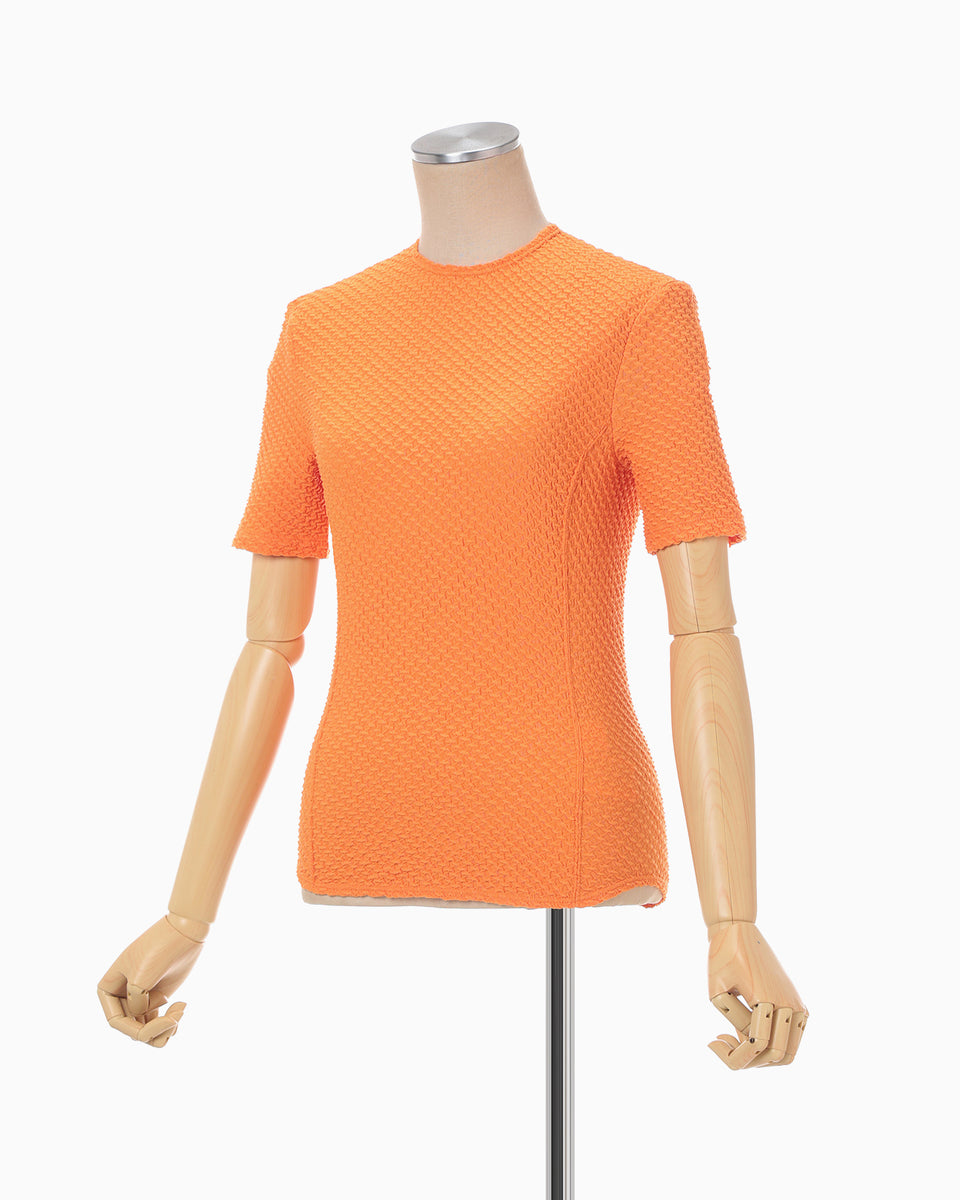 みじゅページ Shirring Jersey Jacquard Short Sleeve Top - orange - Mame