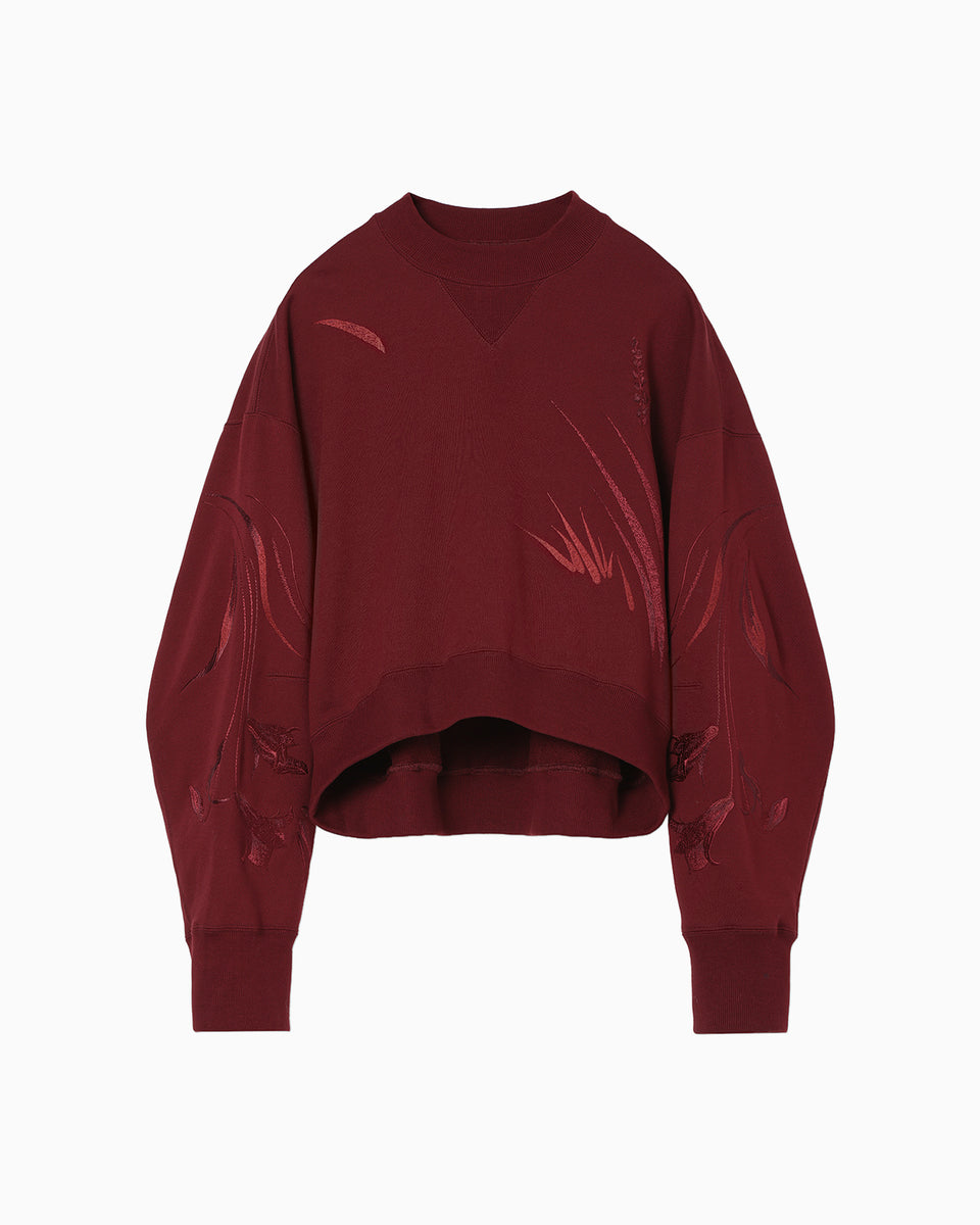 センソユニコ イオコムイオ　異素材カットソー M 刺繍　レッド　シアー　無地 Floral Motif Embroidered Sweatshirts - bordeaux - Mame