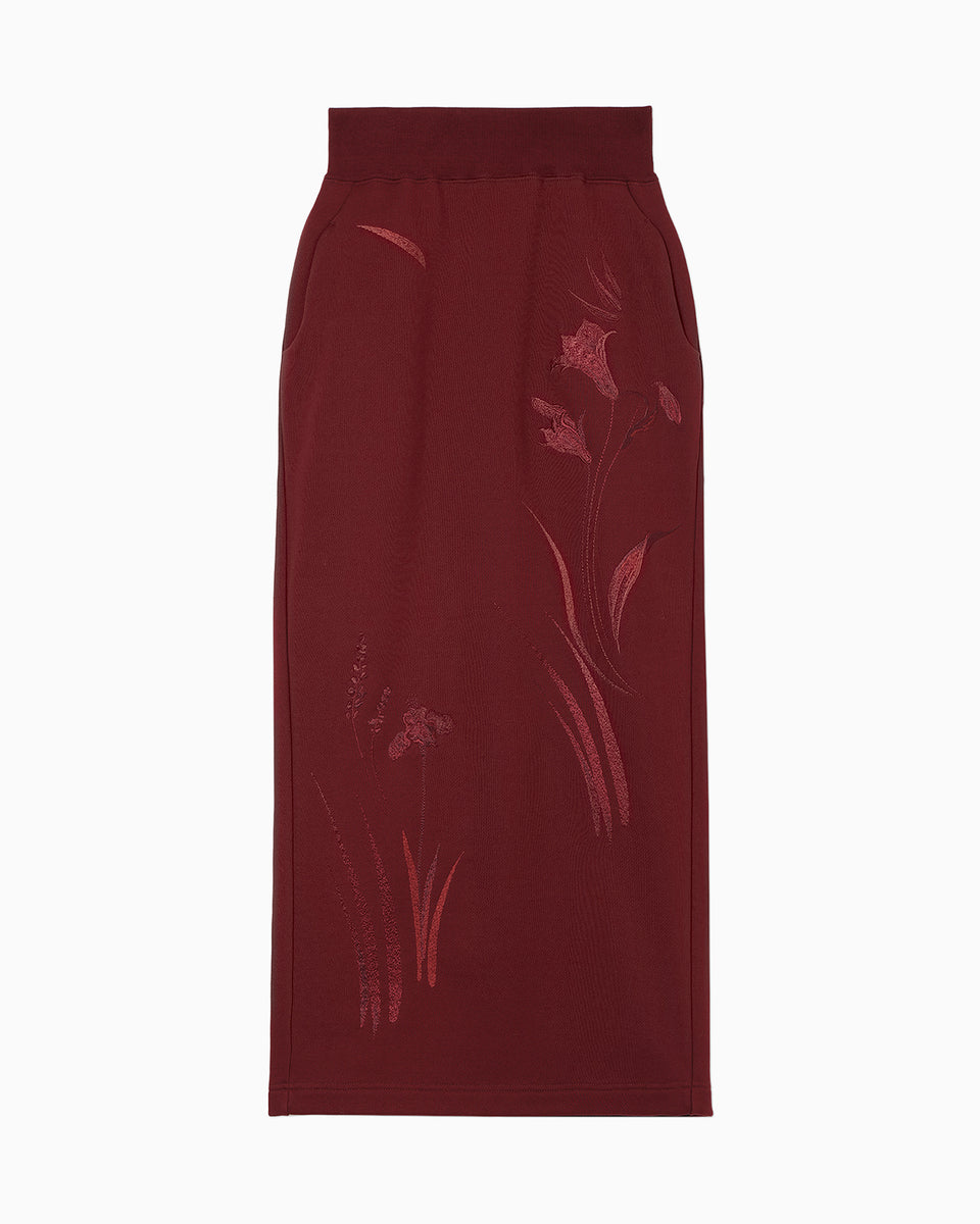 Floral Motif Embroidered Sweater Skirt - bordeaux - Mame