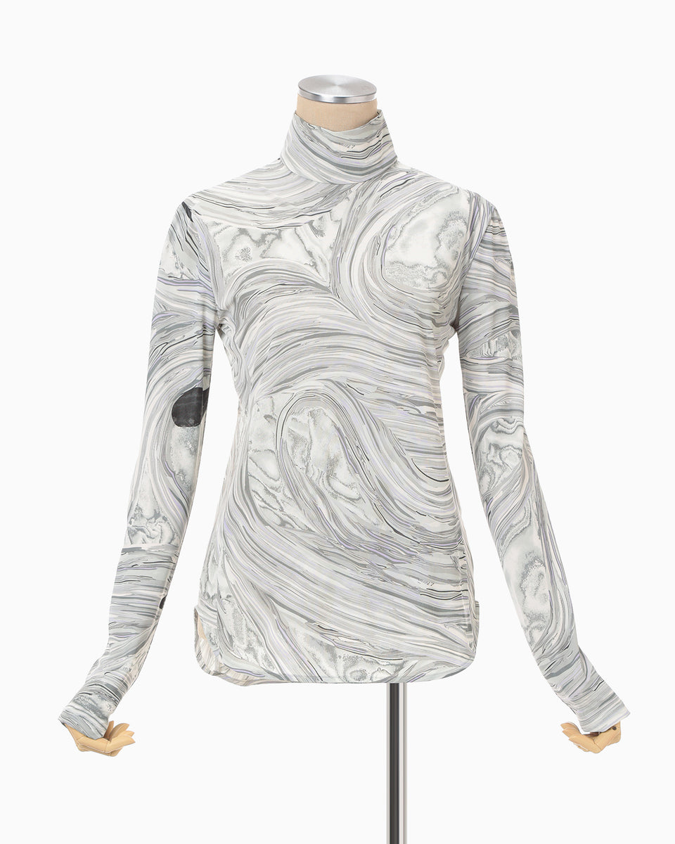 まゆらページ Marble Print Jersey High Neck Top - grey - Mame Kurogouchi