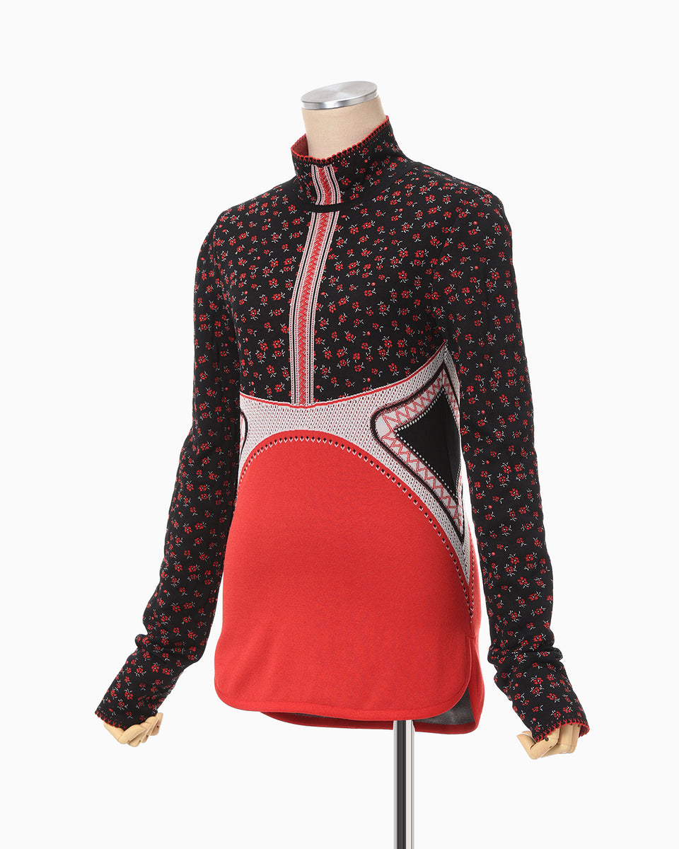 Floral Jacquard High Neck Knitted Top - black - Mame Kurogouchi