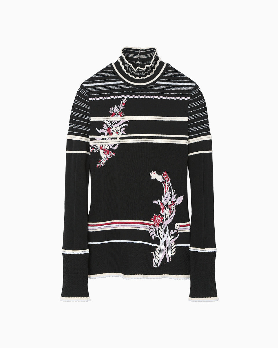 Floral Motif Intarsia Knitted High Neck Top - black - Mame
