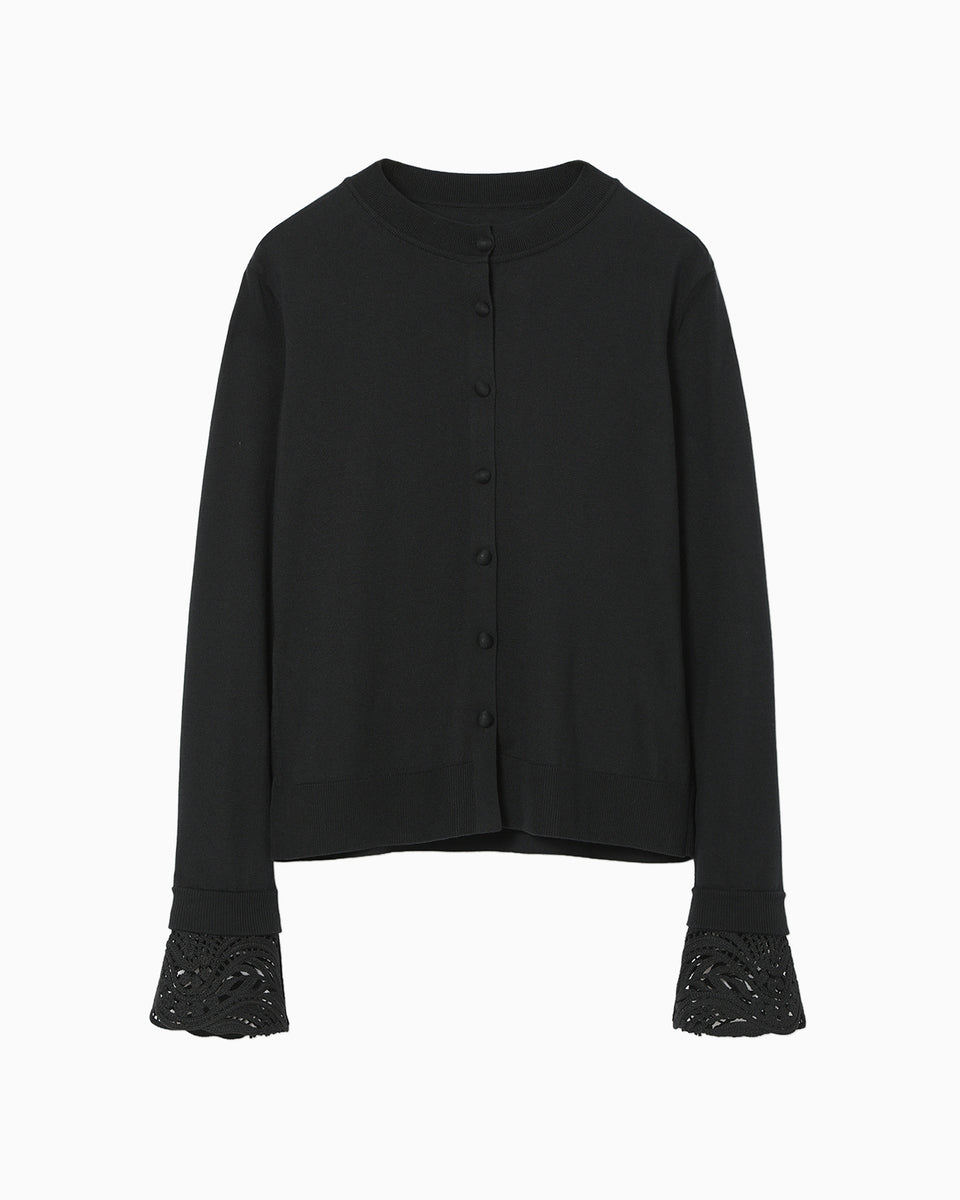 mame kurogouchi◆19AW/カーディガン(厚手)/1/カシミア/ブラック/無地/MM19AW-KN067 Detachable Embroidery Cuff Knitted Cardigan - black - Mame