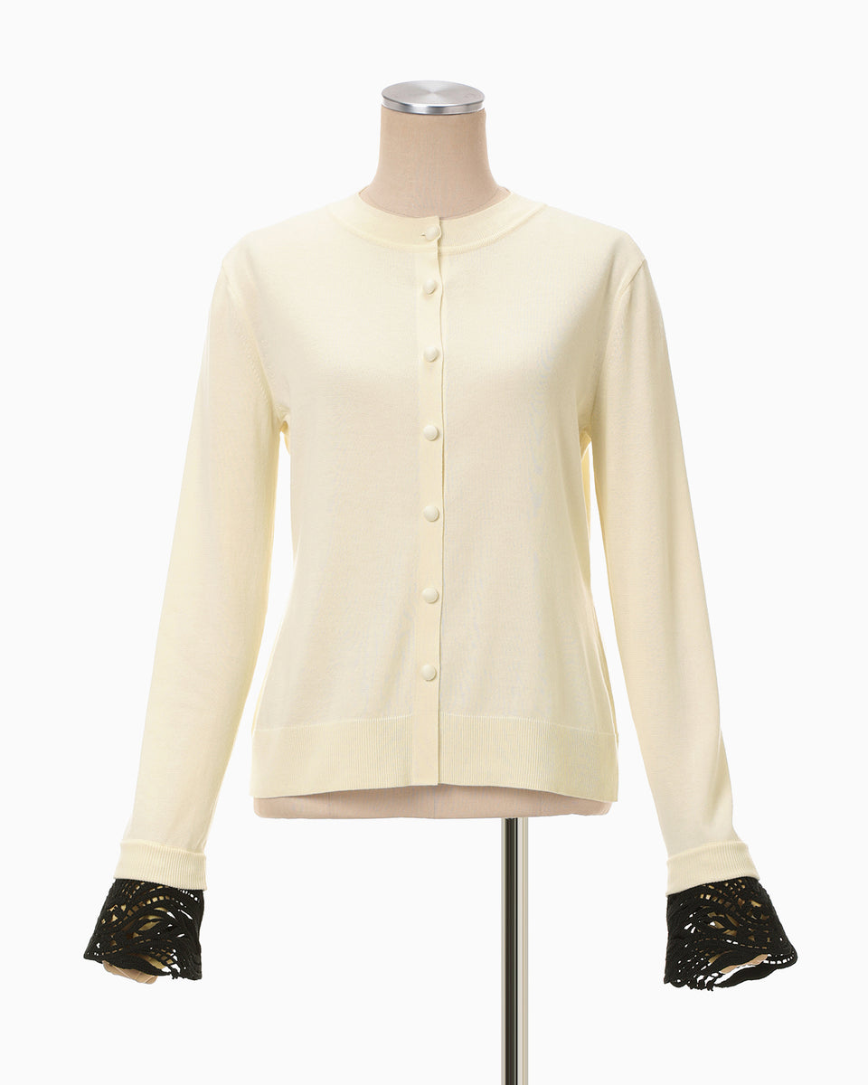 Detachable Embroidery Cuff Knitted Cardigan - ecru - Mame Kurogouchi