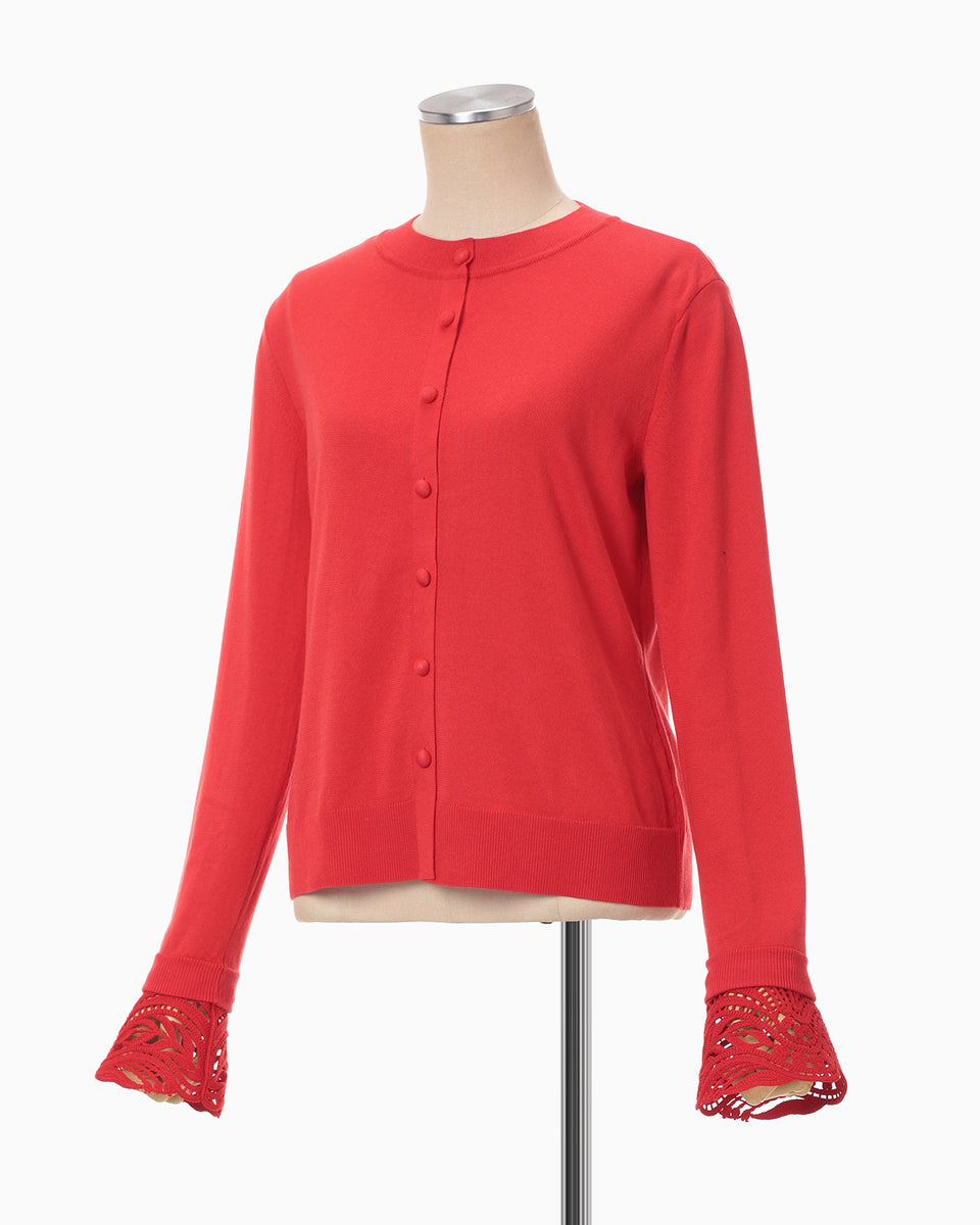 Detachable Embroidery Cuff Knitted Cardigan - red - Mame