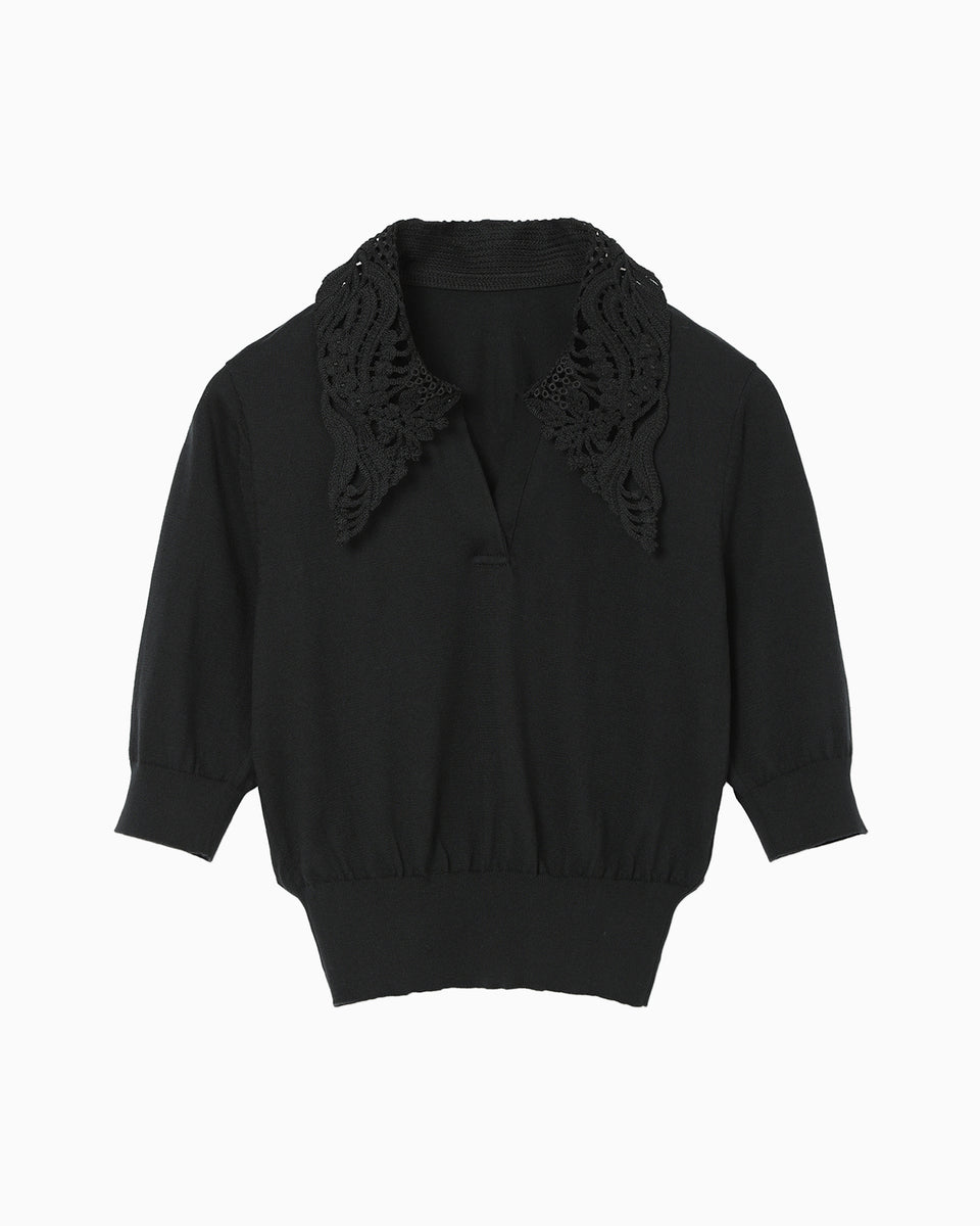 Embroidery Collar Knitted Top - black - Mame Kurogouchi