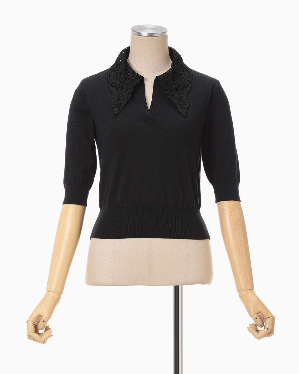 Mame Kurogouchi Collar Knitted Top マメ Embroidery Collar Knitted Top - black - Mame Kurogouchi