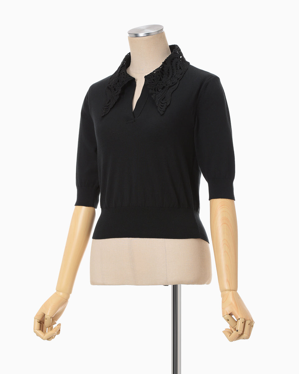 Embroidery Collar Knitted Top - black - Mame Kurogouchi