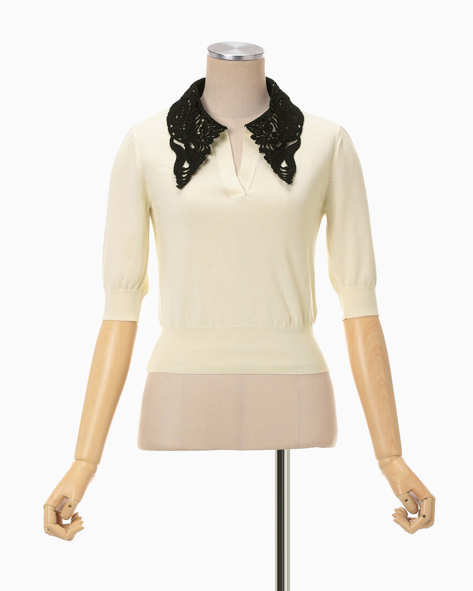 Embroidery Collar Knitted Top - ecru - Mame Kurogouchi