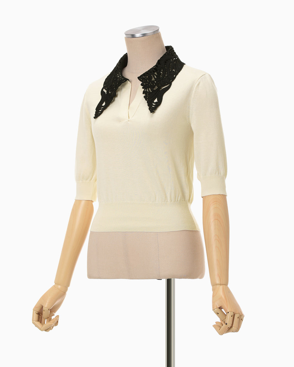Embroidery Collar Knitted Top - ecru - Mame Kurogouchi