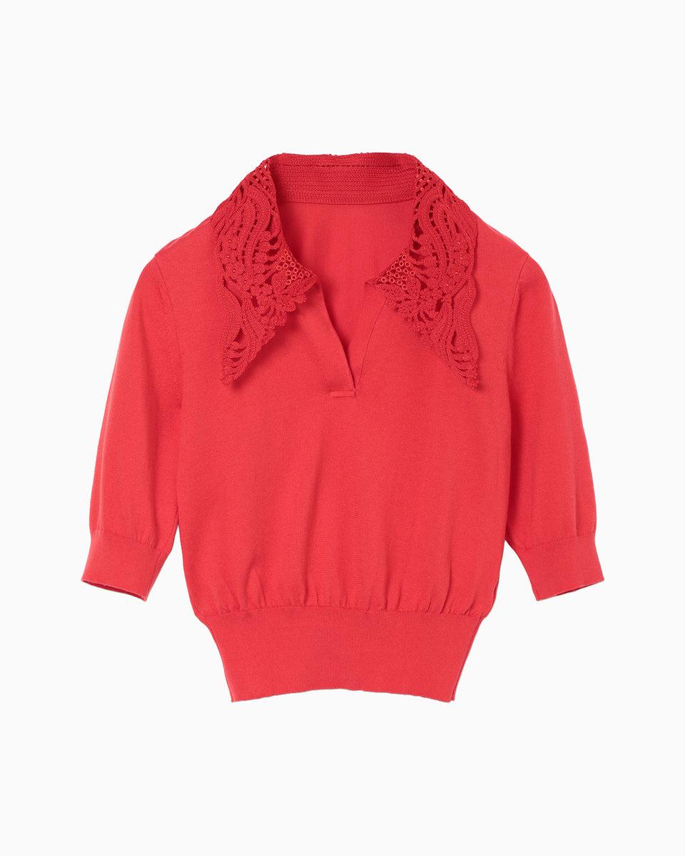Embroidery Collar Knitted Top - red - Mame Kurogouchi