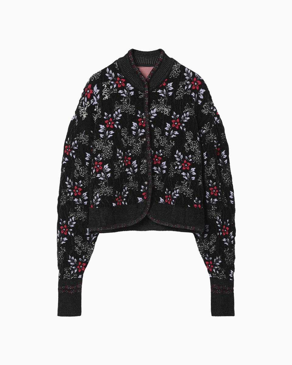 Michi⭐です！ Floral Motif Chenille Knited Cardigan - black - Mame Kurogouchi