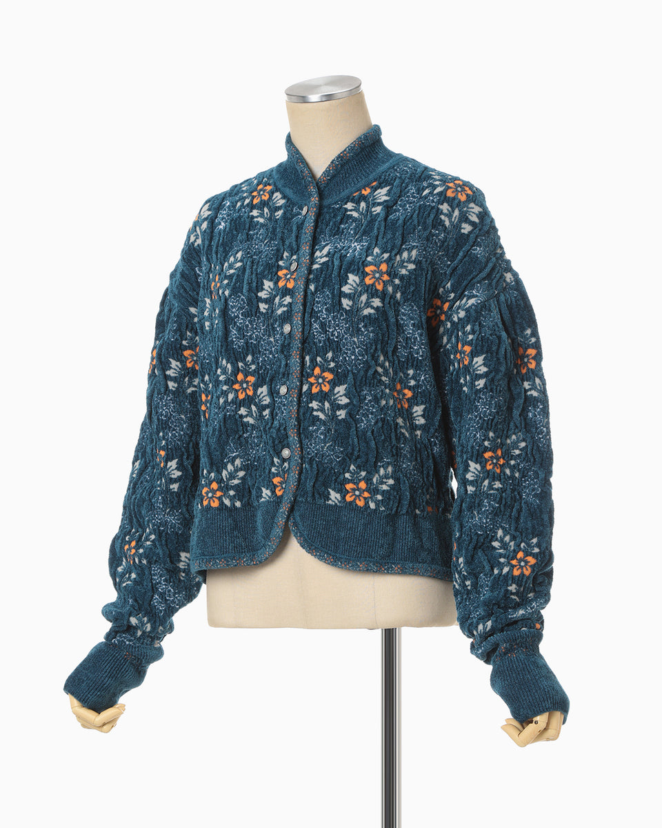 Floral Motif Chenille Knited Cardigan - blue - Mame Kurogouchi