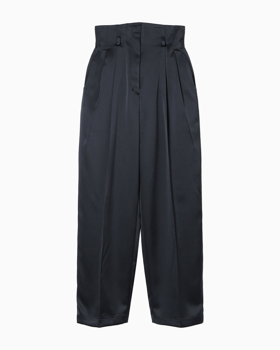 Embossed Leather Motif Triacetate High Waisted Trousers - navy