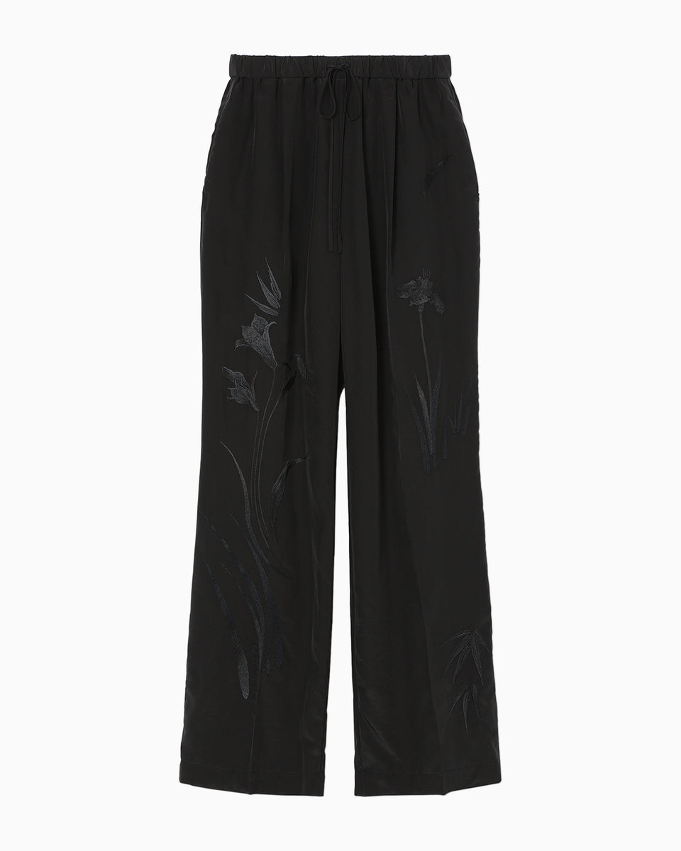 Silk Cupra Floral Embroidery Trousers - black - Mame Kurogouchi