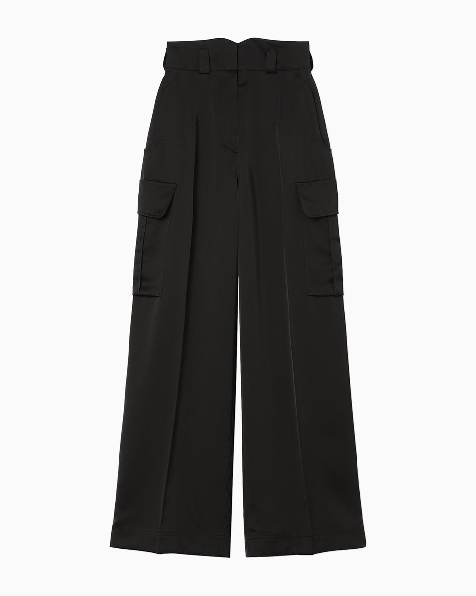 Triacetate Satin High Waisted Cargo Trousers - black - Mame