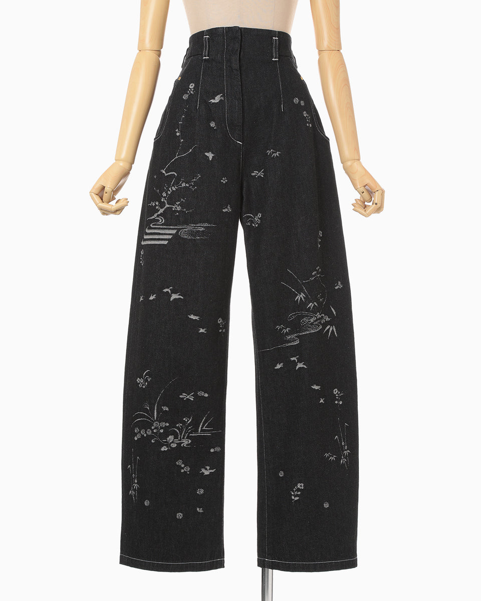 Nature Pattern Jacquard Wide Leg Jeans - black - Mame Kurogouchi