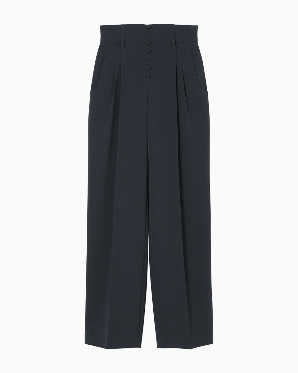 Acetate Polyester High Waisted Trousers - navy - Mame Kurogouchi