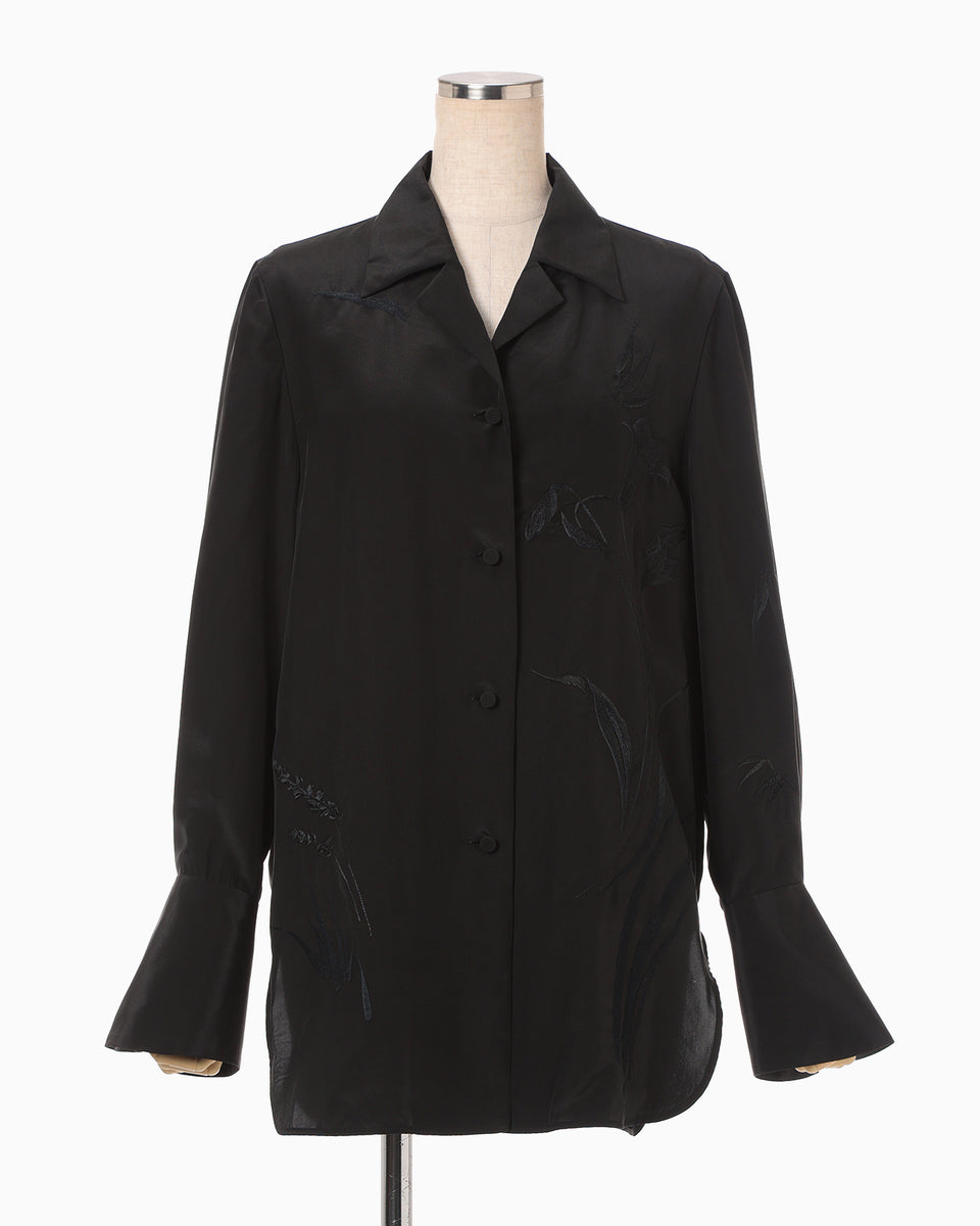 Silk Cupra Floral Embroidery Open Collar Shirt - black