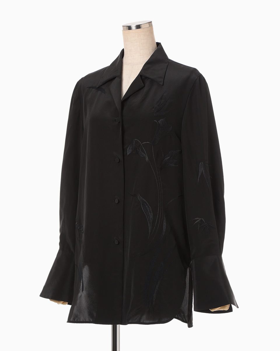 Silk Cupra Floral Embroidery Open Collar Shirt - black