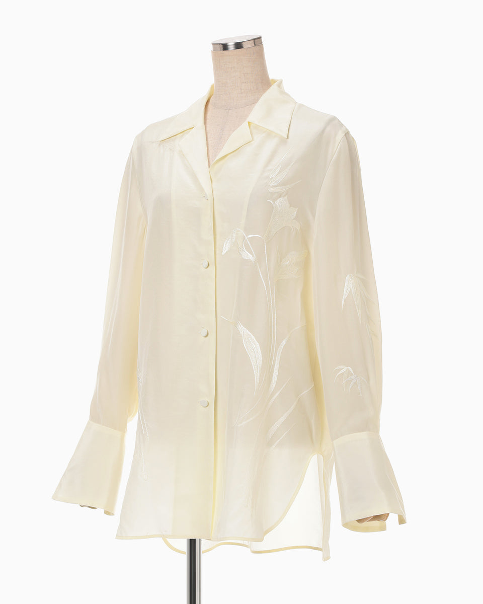 Silk Cupra Floral Embroidery Open Collar Shirt - ecru - Mame