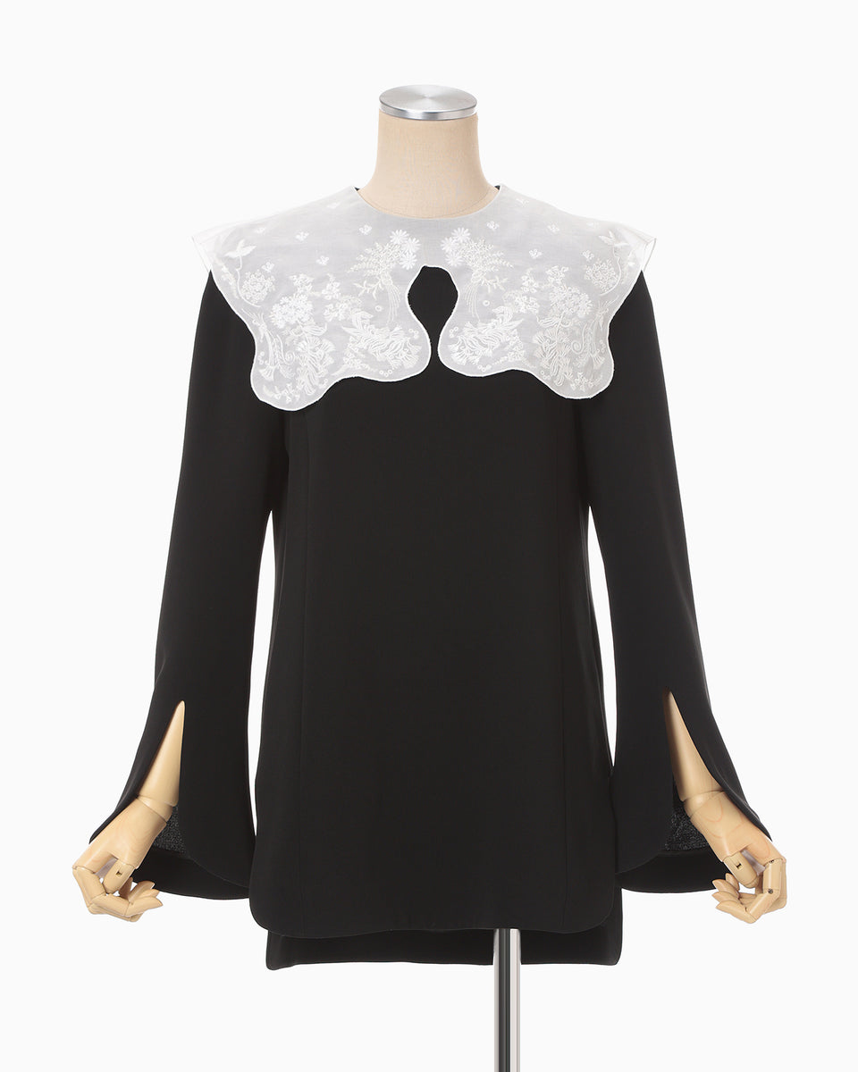 Triacetate Georgette Embroidery Collar Top - black - Mame