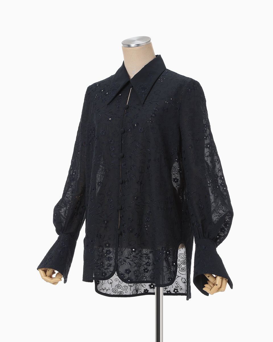 Triacetate Georgette Floral Embroidery Top - navy - Mame Kurogouchi