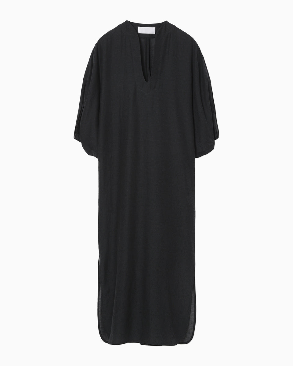 Botanical Motif Sheer Deep V-Neck Dress - black - Mame