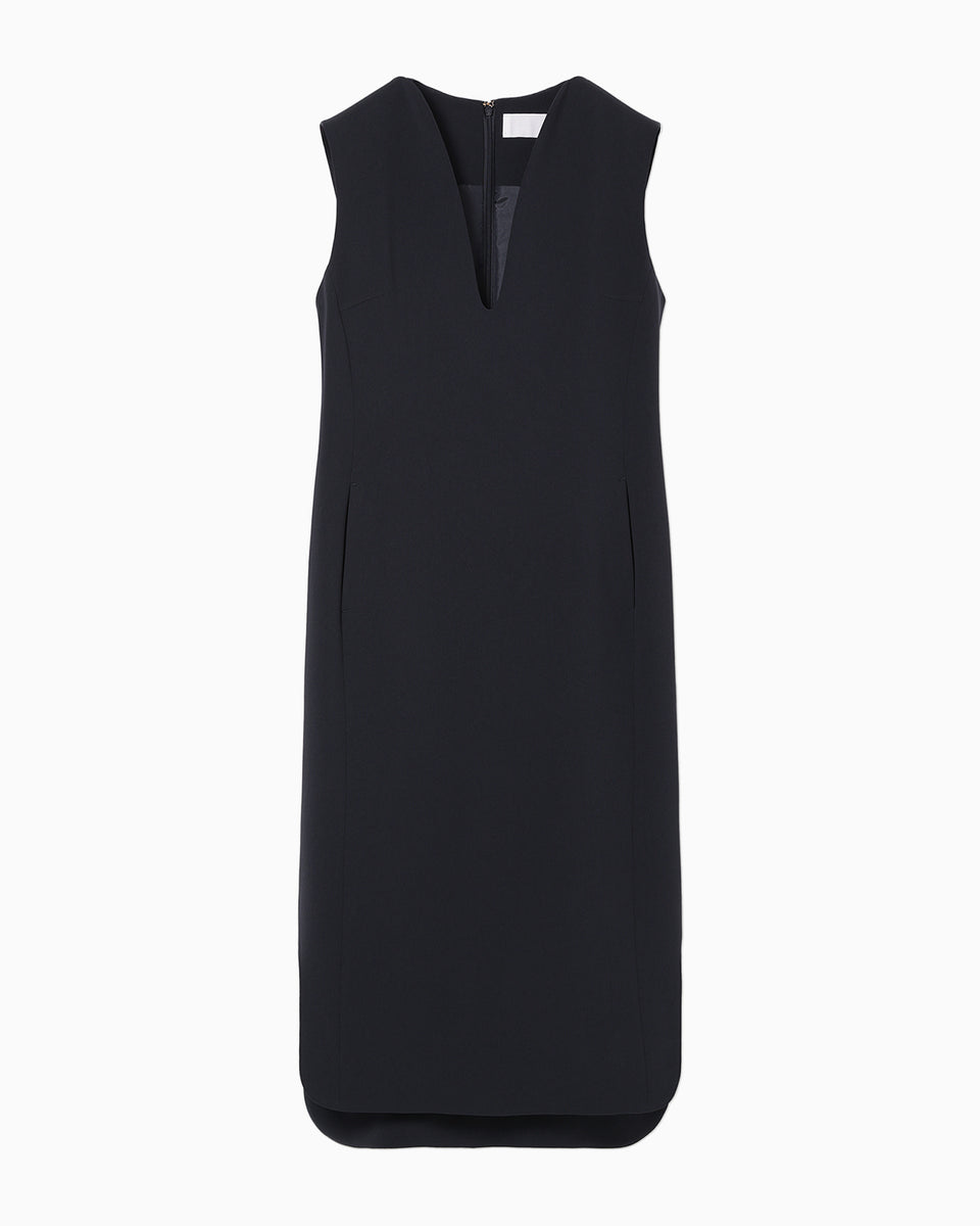 Triacetate Polyester Plunged Sleeveless Dress - navy - Mame
