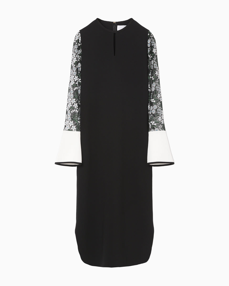 Floral Lace-Sleeve Classic Dress - black - Mame Kurogouchi