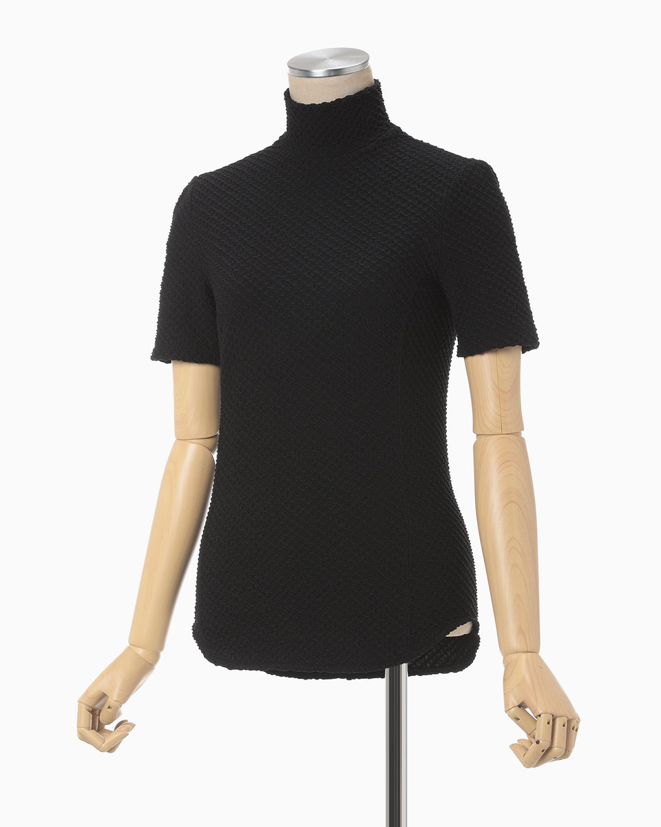 Shirring Jersey Jacquard High Neck Top - black - Mame Kurogouchi