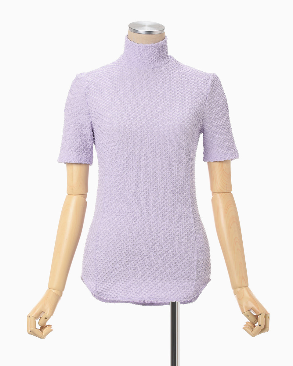 Shirring Jersey Jacquard High Neck Top - lavender - Mame