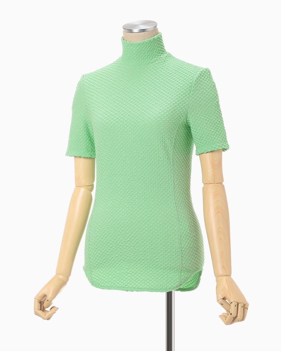 Shirring Jersey Jacquard High Neck Top - light green - Mame