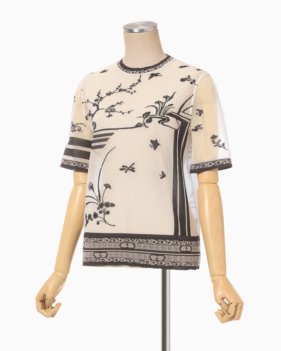 Nature Pattern Sheer Knitted Crew Neck Top - black - Mame