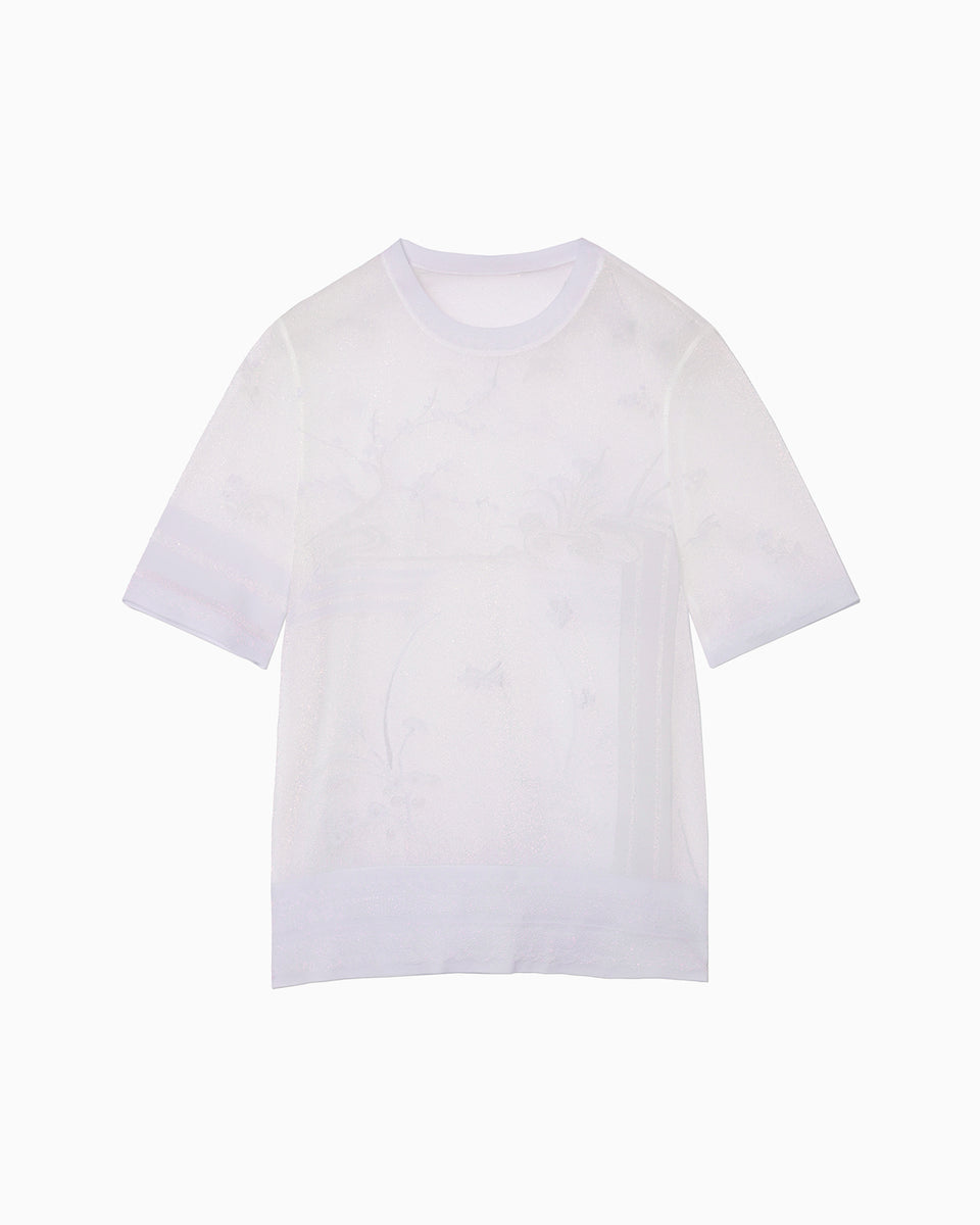 Nature Pattern Sheer Knitted Crew Neck Top - white - Mame